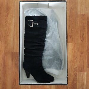 Browns Bravo Black Suede Slouchy Knee-High BootsStacked Heel Size 6